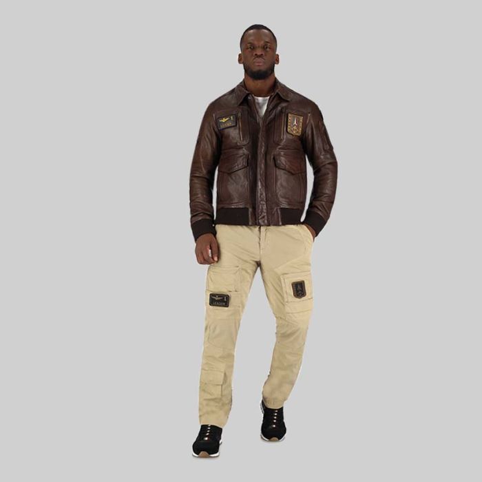 Aeronautica Militare Badged Leather Jacket Mens Brown