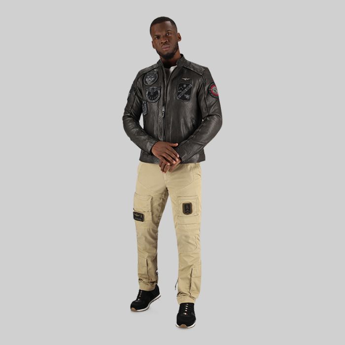 Aeronautica Militare Biker Patch Leather Jacket Anthracite